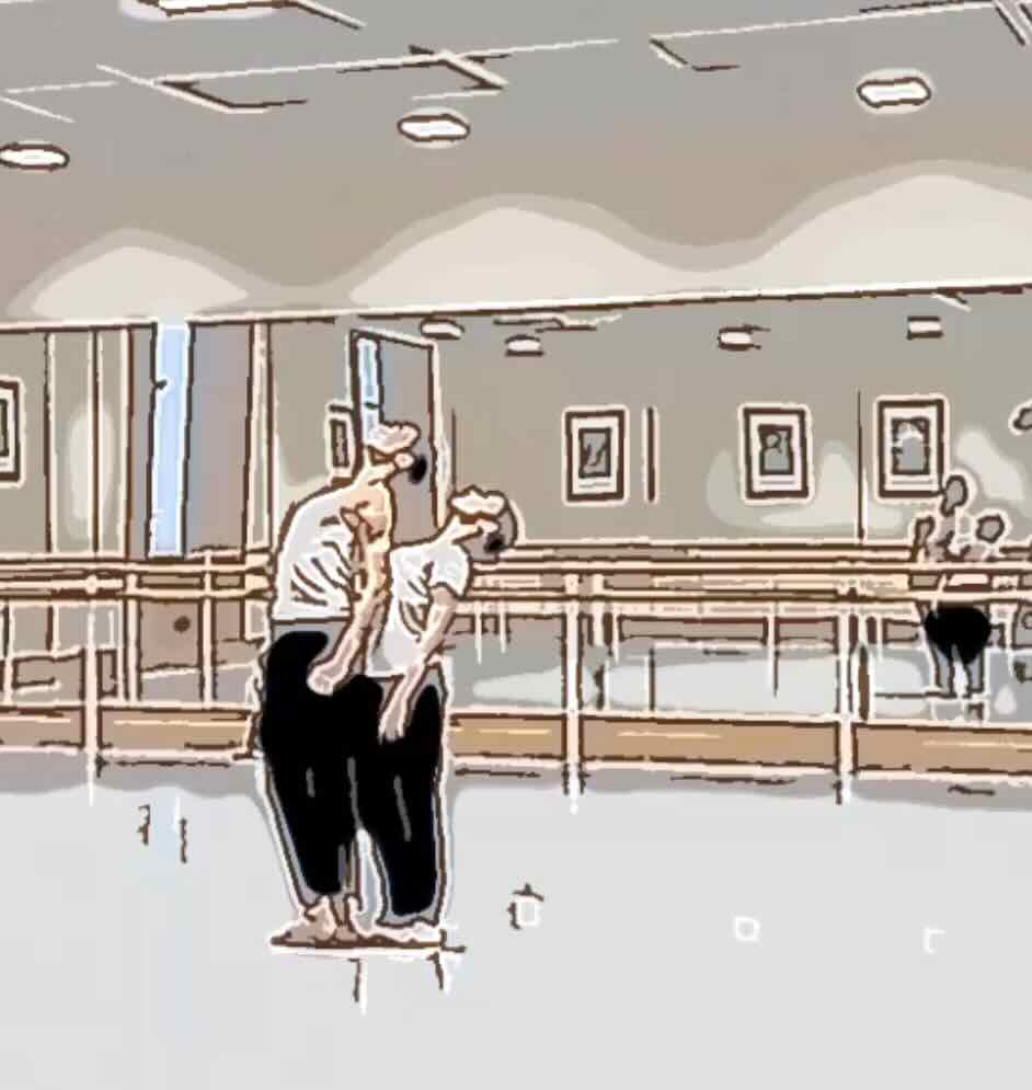 Painting-like picture of two dancers stand one in front of the other arching their backs so their hearts reach up to the ceiling.